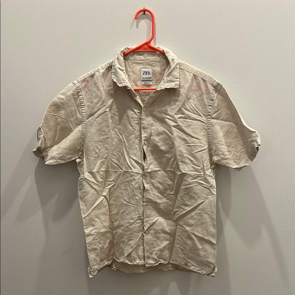 Zara Men's Linen Blend Beige Button Down Shirt
